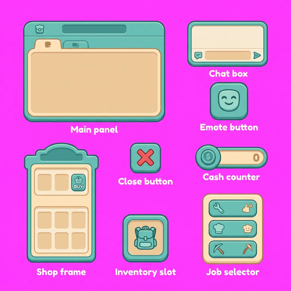 Generated GUI sheet for a harbour town roleplay with jobs, houses and boats