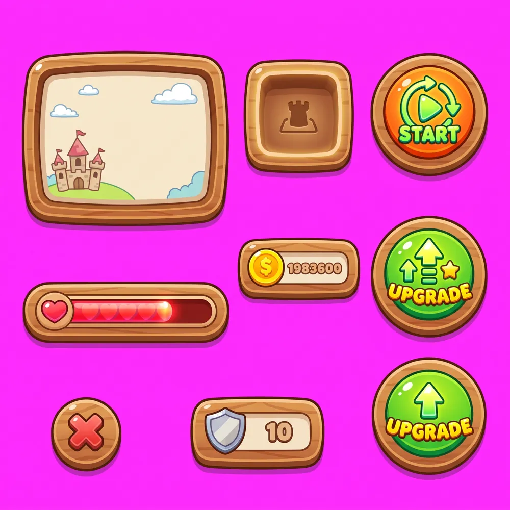 Generated GUI sheet for a tower defense where garden gnomes defend a lawn from robots