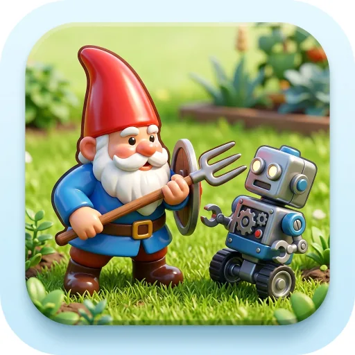 Matching 512 pixel game icon for garden gnomes defending a lawn from robots