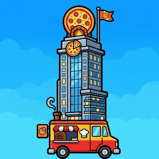 Matching 512 pixel game icon for a pizzeria tycoon where you expand from a food truck to a skyscraper