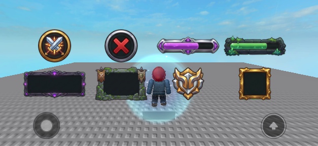 Eight transparent GUI pieces from the cat clan kit placed in two rows in a Roblox Studio playtest