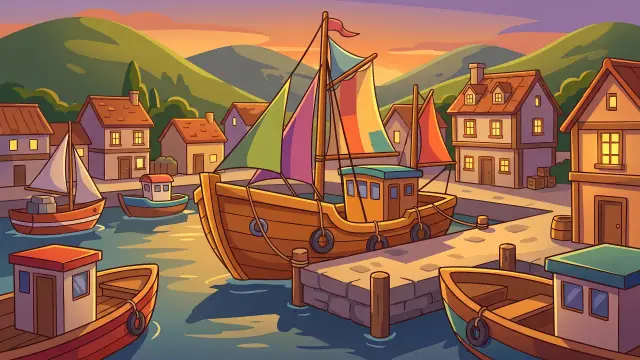 Cartoon thumbnail for a harbour town roleplay with boats and houses