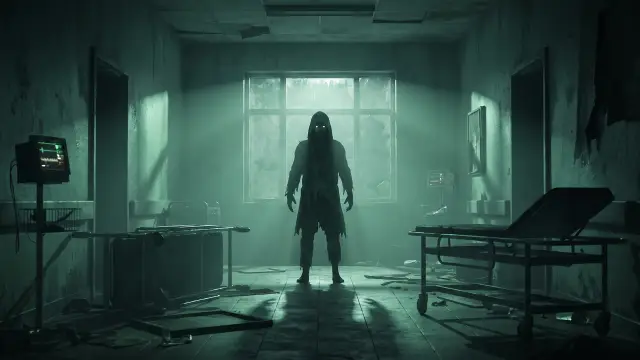 Rendered thumbnail for a survive-the-night horror game in an abandoned hospital