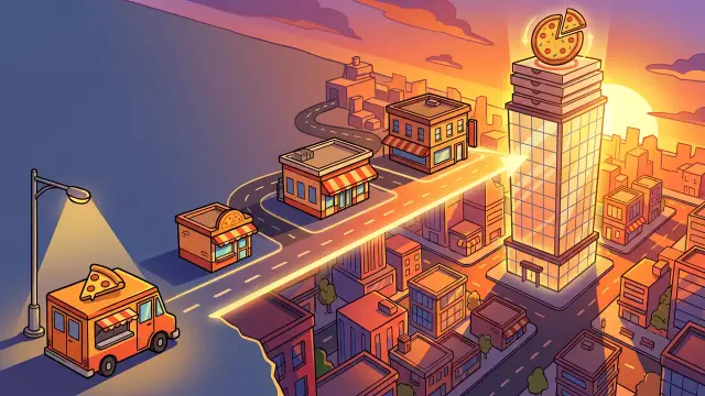 Cartoon thumbnail for a pizzeria tycoon where you expand from a food truck to a skyscraper