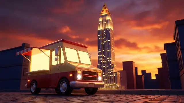 Render thumbnail for a pizzeria tycoon where you expand from a food truck to a skyscraper