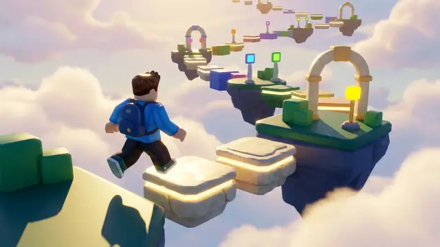 Render thumbnail for a 100 stage obby on floating sky islands
