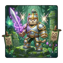 Avatar game icon from the same game: an armored cat knight holding a glowing sword. Made with spawnpop in a test run dated 2026-10-21.