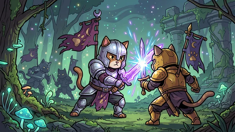 Game scene: two armored cats clashing swords in a glowing enchanted forest with clan banners. Made with spawnpop in a test run dated 2026-10-21.