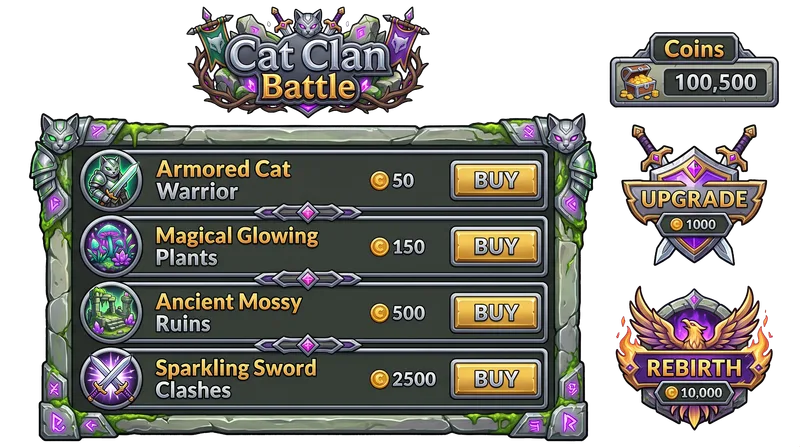 Themed GUI kit sheet from the same game: a mossy stone shop panel with gold buy buttons and a rebirth badge. Made with spawnpop in a test run dated 2026-10-21.