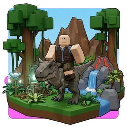 Avatar game icon from the same game: a blocky player with a tamed dinosaur. Made with spawnpop in a test run dated 2026-10-21.