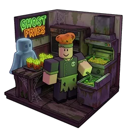 Avatar game icon from the same game: a blocky chef in a haunted fry kitchen. Made with spawnpop in a test run dated 2026-10-21.