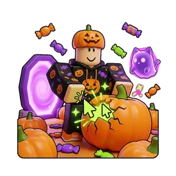 Avatar game icon from the same game: a blocky player in a pumpkin hat cracking a giant pumpkin. Made with spawnpop in a test run dated 2026-10-21.