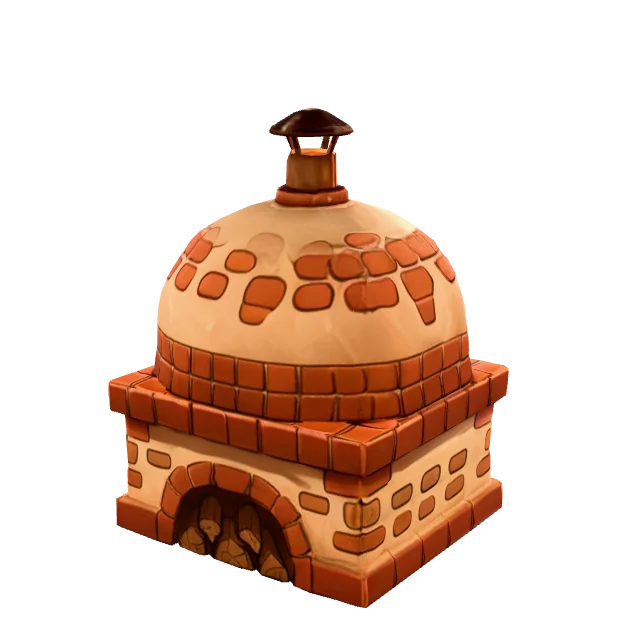 Poster of a 3D brick pizza oven with a glowing fire opening model, 2700 triangles, from a spawnpop test run on 2026-10-20