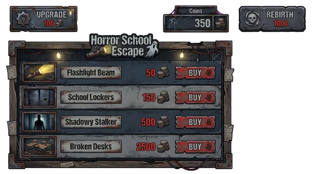 Themed shop screen preview for a horror school escape game: the shop window, buy buttons and counters drawn in the game's own look, with transparent edges. Output of a spawnpop test run dated 2026-10-21.