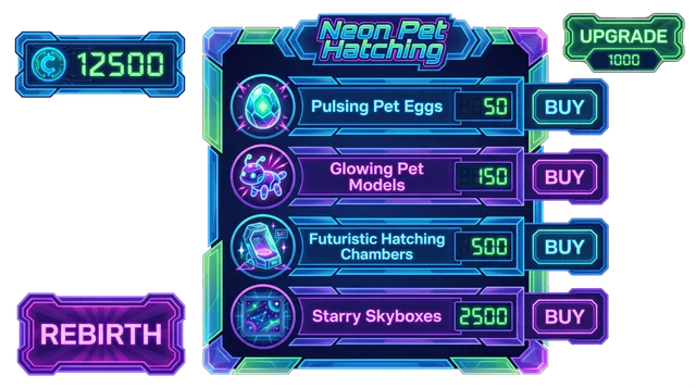 Themed shop screen preview for a neon pet hatching simulator: the shop window, buy buttons and counters drawn in the game's own look, with transparent edges. Output of a spawnpop test run dated 2026-10-21.