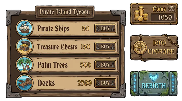 Themed shop screen preview for a pirate island tycoon: the shop window, buy buttons and counters drawn in the game's own look, with transparent edges. Output of a spawnpop test run dated 2026-10-21.