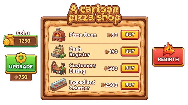 Themed shop screen preview for a pizza shop tycoon: the shop window, buy buttons and counters drawn in the game's own look, with transparent edges. Output of a spawnpop test run dated 2026-10-21.